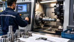CNC torna operatörü CNC tezgâhında metal parça üretimi yapıyor