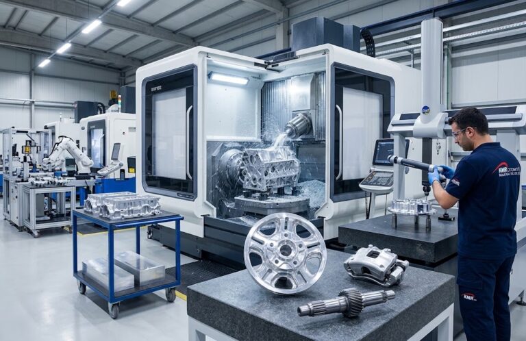 Otomotiv CNC üretimi tesisinde hassas motor parçaları işleme ve kalite kontrolü